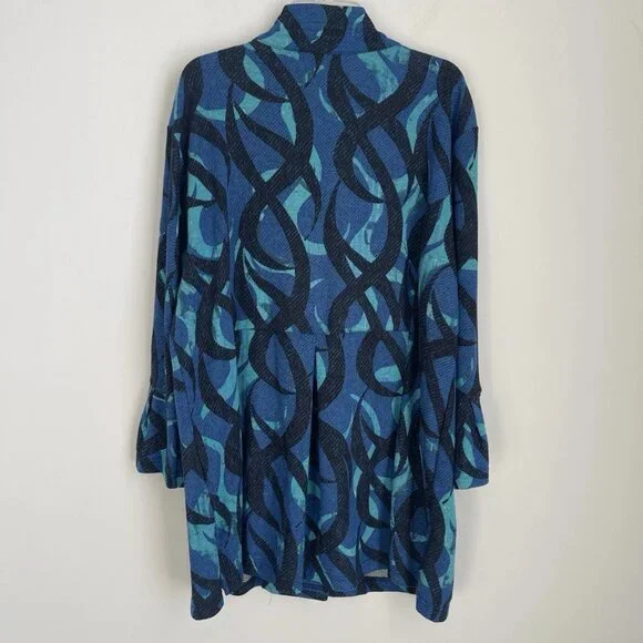 Ali Miles Blue Button Front Bell Sleeve Tunic Wired Collar Art to Wear  NWT - Picture 4 of 9